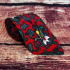 Vintage 1993 Looney Tunes 100% Silk Skinny Tie 56x4 Tweety Sylvester Cat Bird